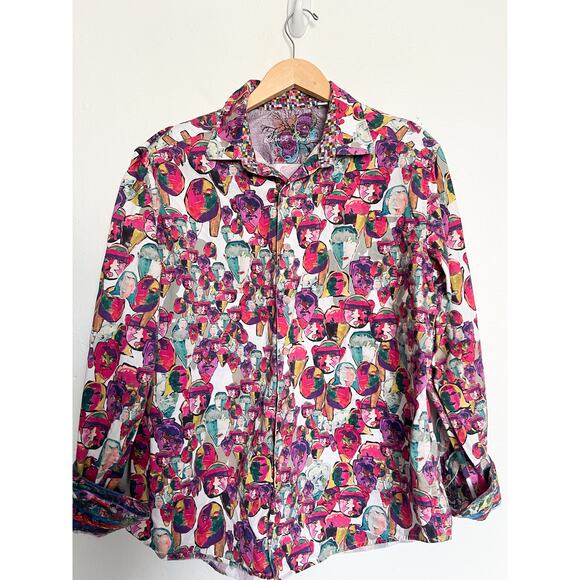 Robert Graham Shirt Large Button Down Many Faces Pink Colorful Abstract Dress